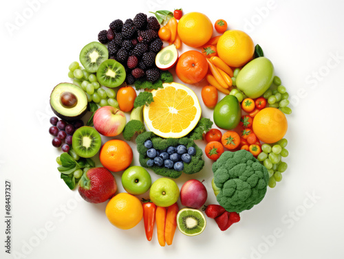 Healthy fruits and vegetables arranged in a circular pattern on a white background