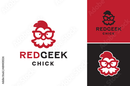 A logo for a red geek chick refers to a design suitable for a tech-savvy, fashion-forward woman. Ideal for a female-focused technology or gaming brand. photo