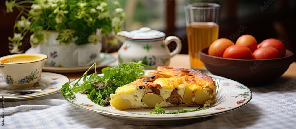 In the bright and cozy kitchen, a delicious and healthy breakfast was being prepared on the table - a plate filled with a nutritious pie made of potatoes, cheese, and vegetables, topped with a In the bright and cozy kitchen, a delicious and healthy breakfast was being prepared on the table - a plate filled with a nutritious pie made of potatoes, cheese, and vegetables, topped with a