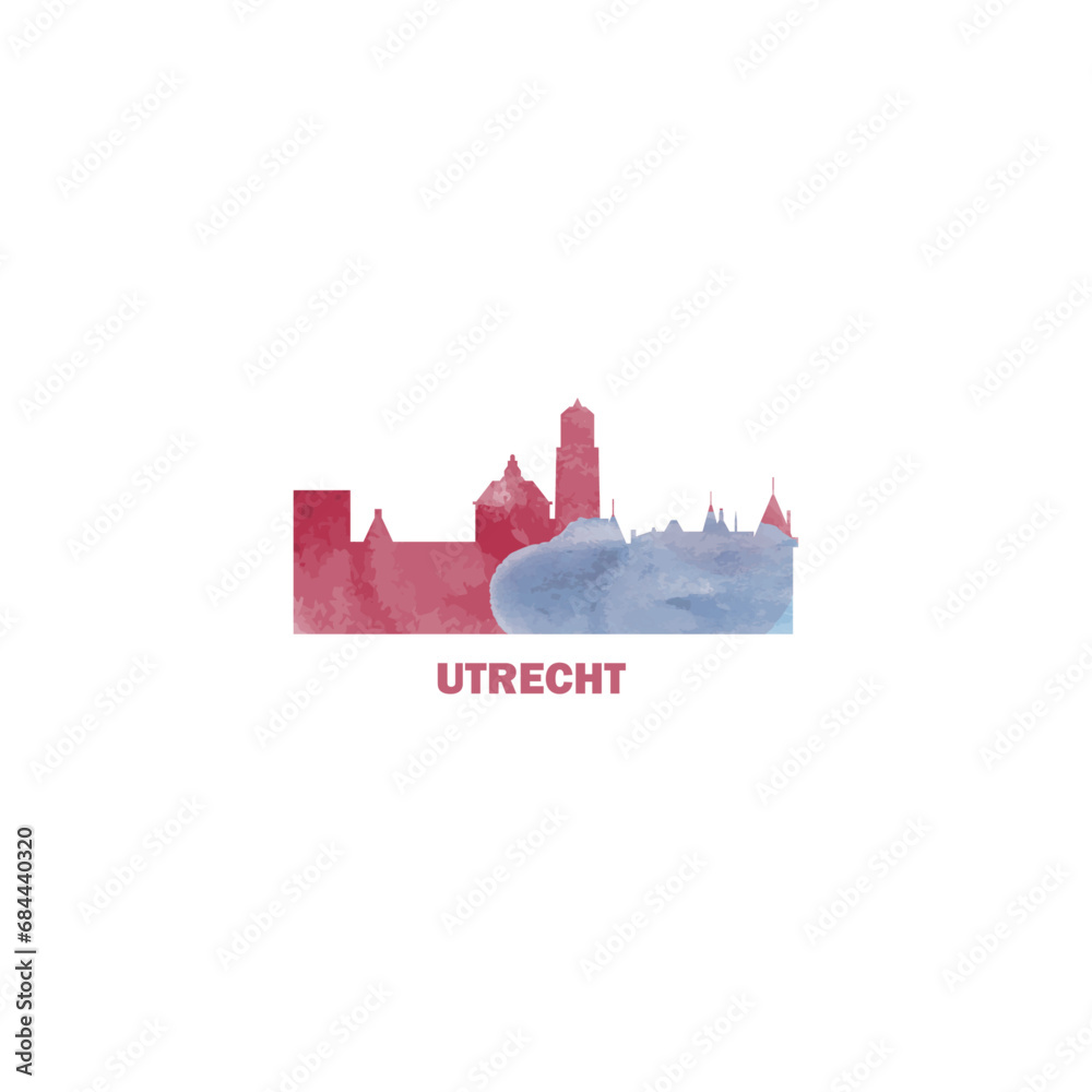 Utrecht watercolor cityscape skyline city panorama vector flat modern logo, icon. Netherlands, Holland town emblem concept with landmarks and building silhouettes. Isolated graphic
