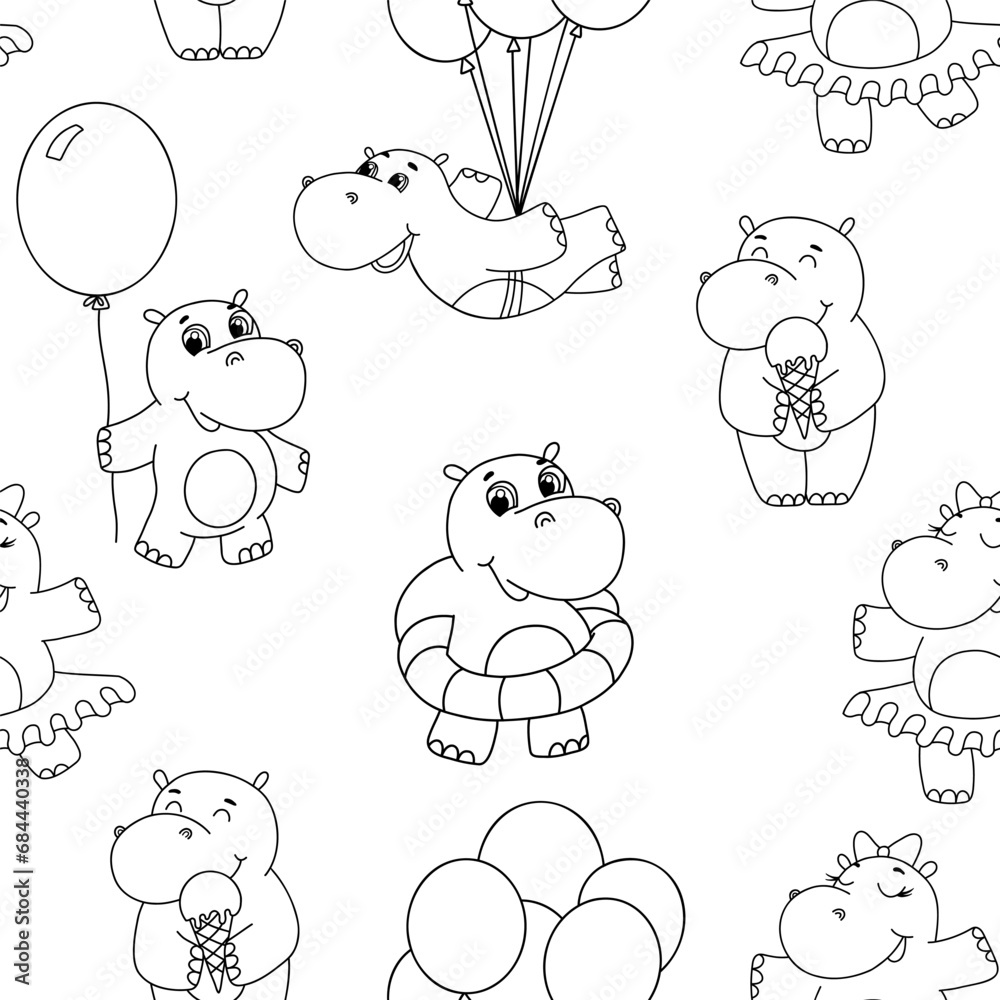 Seamless vector pattern with cute little line hippo. Outline illustrations. Funny cartoon baby hippopotamus with balloon and ice cream on white background