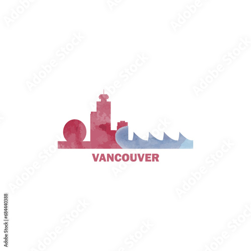 Vancouver watercolor cityscape skyline city panorama vector flat modern logo, icon. Canada, British Columbia province megapolis emblem concept with landmarks and building silhouettes. Isolated graphic