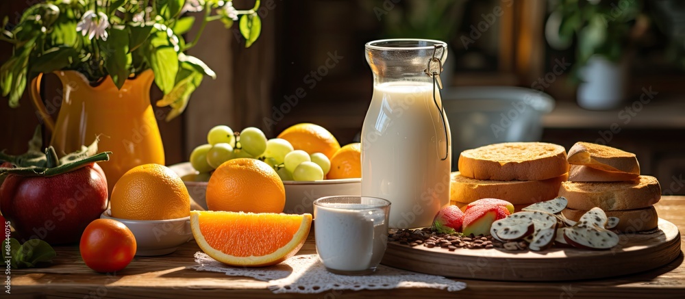 In the kitchen, a wooden table is adorned with a spread of healthy breakfast options: freshly brewed coffee, a glass of milk, a plate of sliced fruit including juicy oranges, a jar of sweet honey, and In the kitchen, a wooden table is adorned with a spread of healthy breakfast options: freshly brewed coffee, a glass of milk, a plate of sliced fruit including juicy oranges, a jar of sweet honey, and