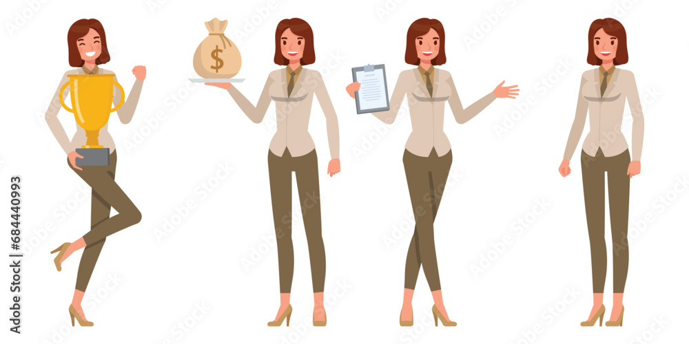 Fototapeta premium Set of working woman wear brown suit character vector design. Presentation in various action. Businesswoman working in office planning, thinking and economic analysis on isolated white background.