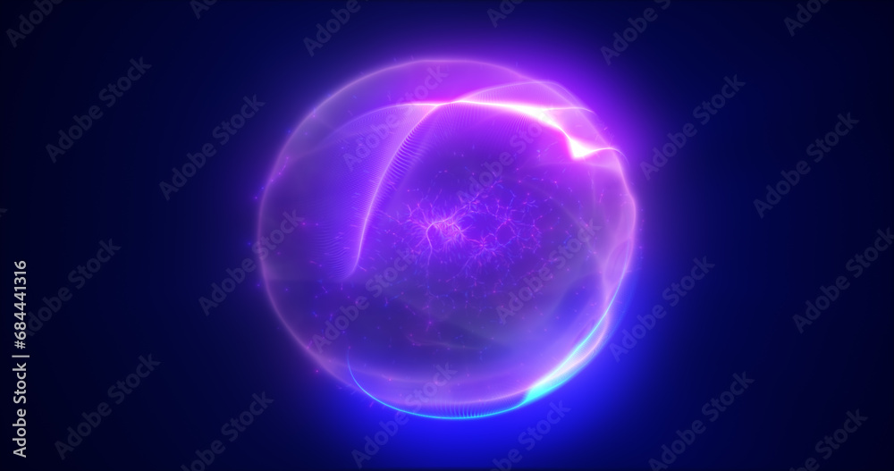 Energy purple blue magic sphere, futuristic round high-tech ball bright glowing atom made of electricity, background