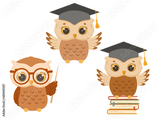 Cute owl in graduation cap, with glasses and pointer. Wise vector owl cartoon characters set isolated on white.