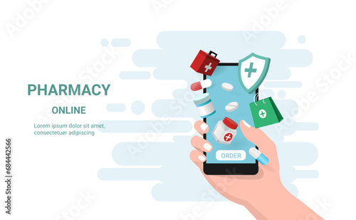Online pharmacy with first aid kit on mobile. Medicine Ordering Mobile App. Concept of healthcare, Online diagnostics, Online medical consultation, drugstore and e-commerce. 3d vector illustration photo