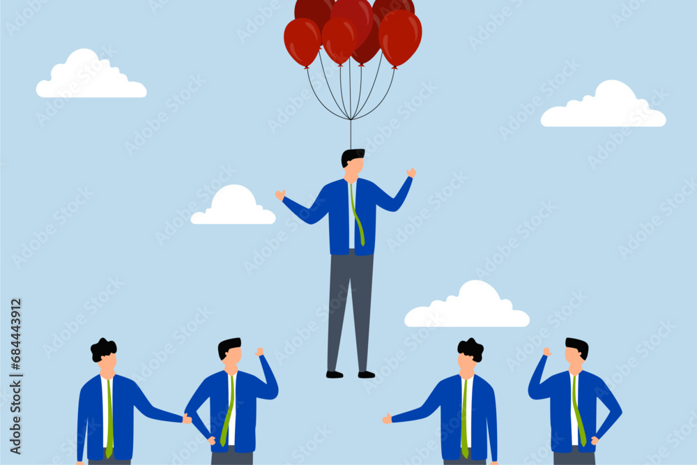 Innovation skill to different from others, Businessman flying above other competitors in balloon suit and recruiting candidates. Innovation skill to different from others, Businessman flying above other competitors in balloon suit and recruiting candidates.