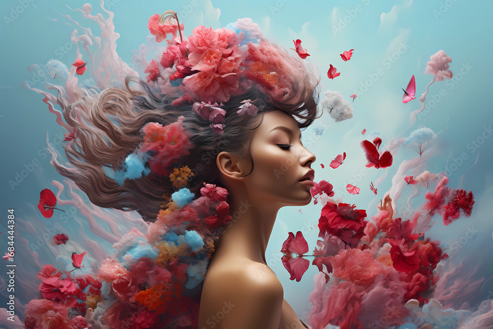 Girl with pink and red flowers in hair in front of blue clear sky Girl with pink and red flowers in hair in front of blue clear sky