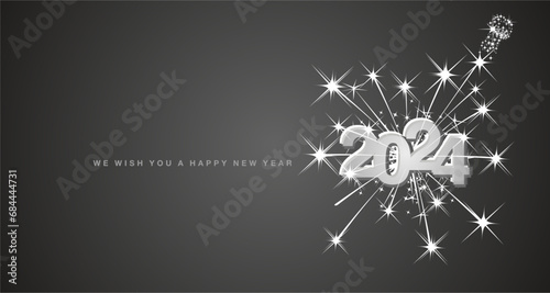 Happy New Year 2024 eve modern design with light big explosion of double stars and champagne sparkle firework. Reflection shape from White silver to black for 2024. New Year 2024 on black greeting car photo