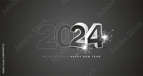 We wish you a happy new year 2024 eve. Architecture construction  from line drawing to 3d model numbers of 2024 with sparkle firework on black board background