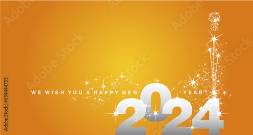 We wish you a Happy New Year 2024 shining firework white silver orange yellow background elegant greeting card