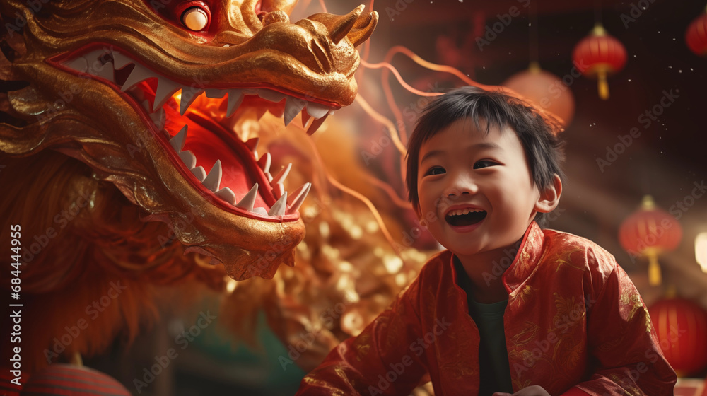 A boy celebrate in Chinese New Year in red and gold tone in 3Dstyle A boy celebrate in Chinese New Year in red and gold tone in 3Dstyle