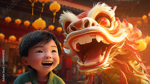 A boy celebrate in Chinese New Year in red and gold tone in 3Dstyle
