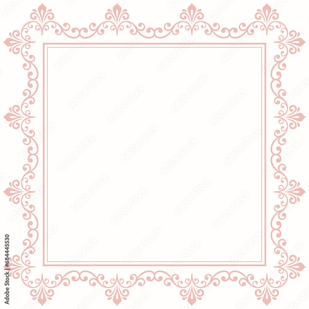 Classic vintage pink square frame with arabesques and orient elements. Abstract ornament with place for text. Vintage pattern