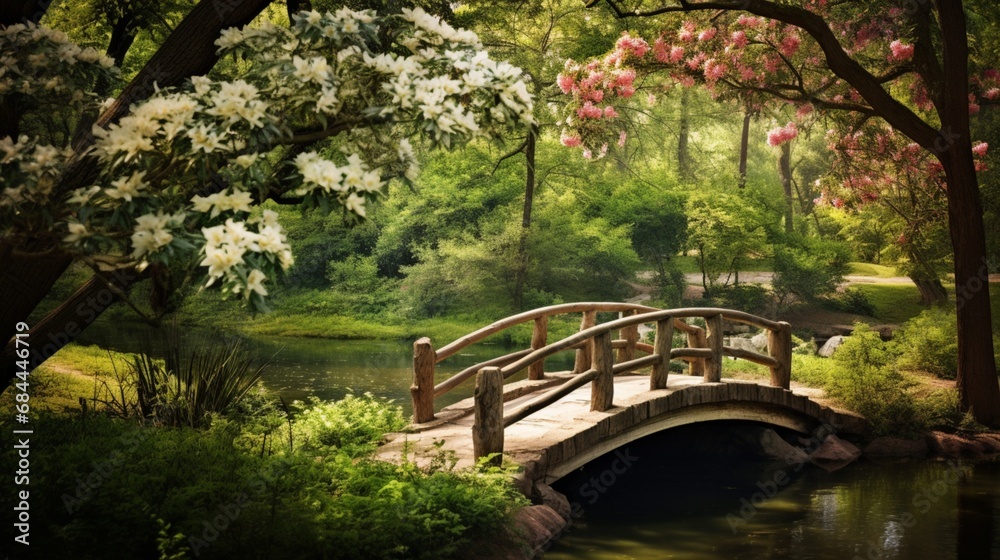 A quaint wooden bridge surrounded by lush greenery, creating an idyllic setting for a tree branch flower photo overlay. A quaint wooden bridge surrounded by lush greenery, creating an idyllic setting for a tree branch flower photo overlay.