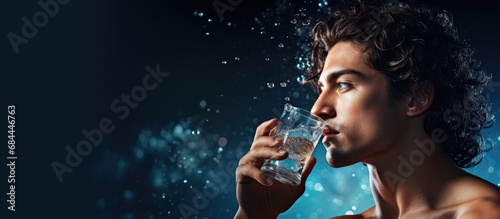 In his pursuit of fitness and a healthy lifestyle, the young man embraces the concept of water being the key to success, as he sips from a sparkling white glass, radiating health, beauty, and energy