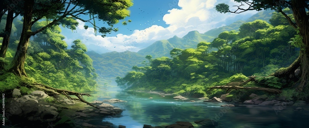 A scene of a tranquil blue river winding through a lush forest, reflecting the sky above.