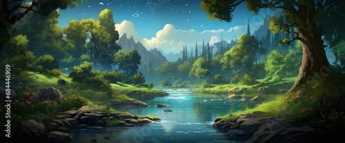 A scene of a tranquil blue river winding through a lush forest  reflecting the sky above.