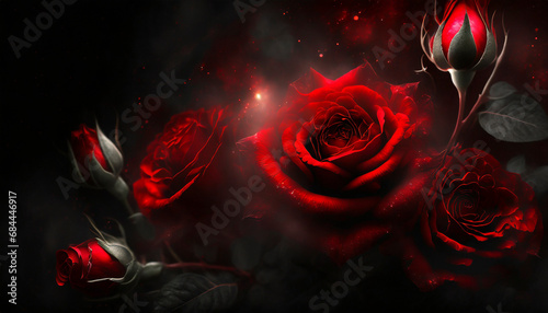 Beautiful red roses on dark background with copy space