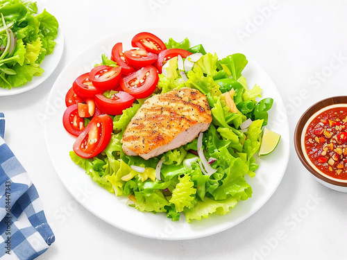 Chicken fillet with salad. Healthy food, keto diet, diet lunch concept. Top view on white background, beautifully made with Generative AI