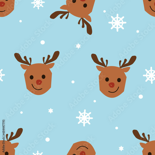 Christmas or New year seamless pattern with reindeer cartoon and snowflakes on blue background vector illustration.