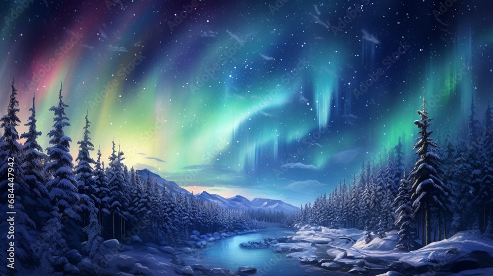 A surreal scene of blue aurora borealis lights dancing in the night sky over a snowy landscape.