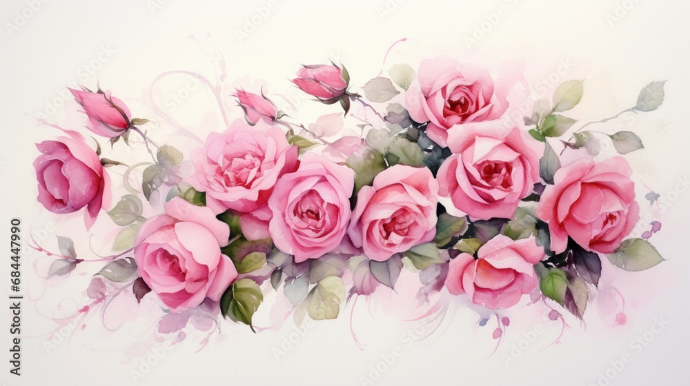 A symphony of pink roses artistically rendered with watercolors, providing an elegant and timeless frame for your projects.