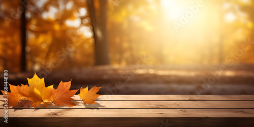 Nature s Palette  Vibrant Autumn Leaves on a Wooden Table Surrounded by the Beauty of the Autumnal Forest generative AI