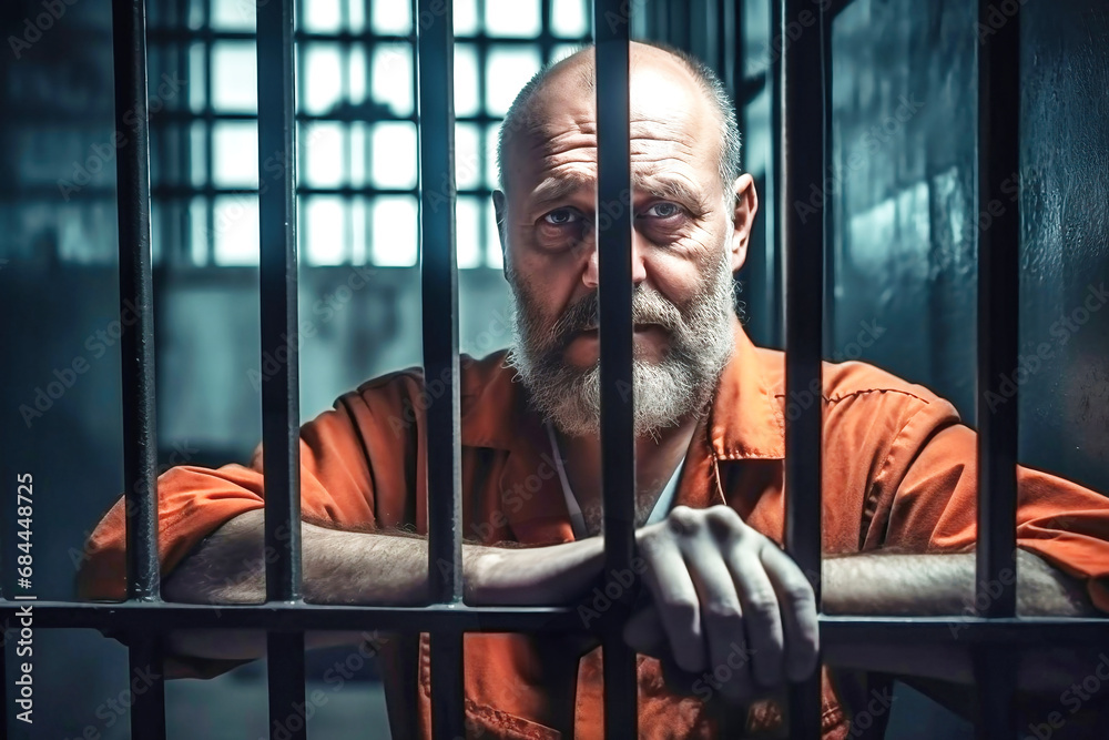 A middle-aged prisoner in an orange uniform sits in a prison cell. The criminal serves his sentence in a prison cell. A prisoner behind bars in a prison or detention center. - obrazy, fototapety, plakaty 