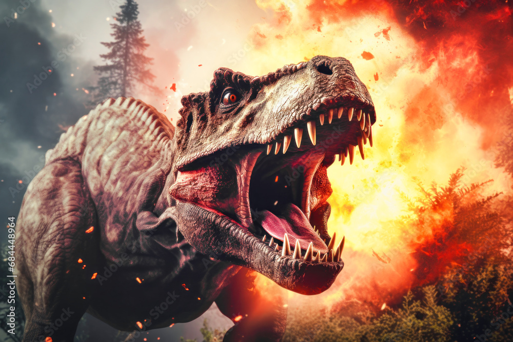 A terrible dinosaur Tyrannosaurus T-rex with an open huge mouth against a background of fire and smoke in the burning primeval jungle. Death of the dinosaurs. A terrible dinosaur Tyrannosaurus T-rex with an open huge mouth against a background of fire and smoke in the burning primeval jungle. Death of the dinosaurs.