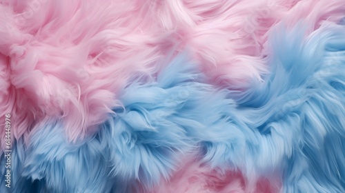 A visually appealing photograph that captures the essence of fluffy eco fur, adorned in delicate baby pink and blue hues, creating an abstract and whimsical texture reminiscent of cotton candy.