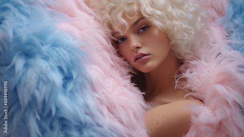 A visually appealing photograph that captures the essence of fluffy eco fur, adorned in delicate baby pink and blue hues, creating an abstract and whimsical texture reminiscent of cotton candy.