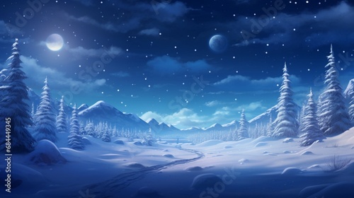 A winter scene with snow-covered trees under a blue twilight sky, evoking a sense of quiet and cold beauty.