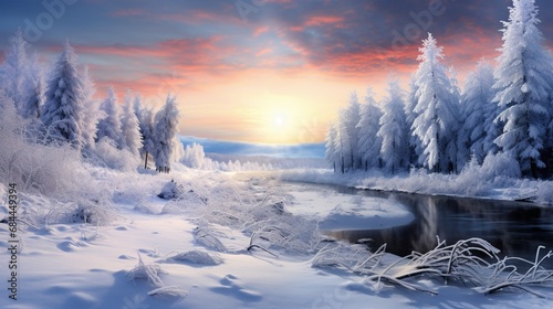 A winter scene with snow-covered trees under a blue twilight sky, evoking a sense of quiet and cold beauty. © Naseem