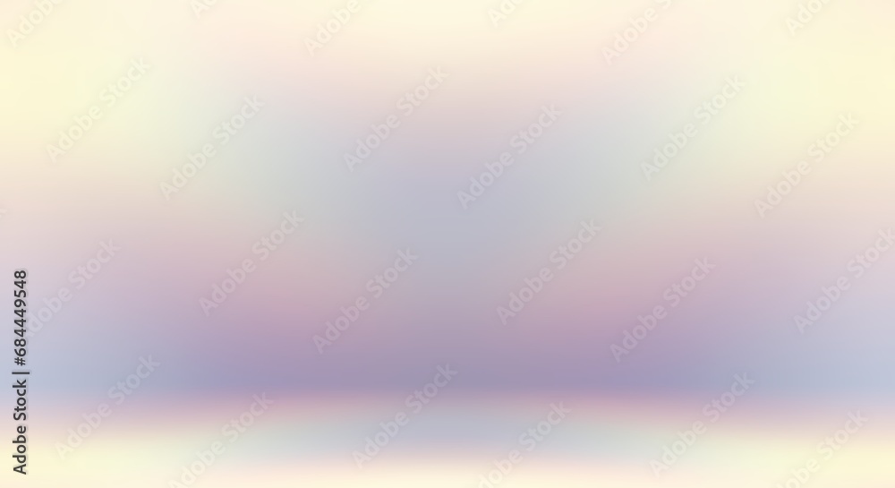 Pastel iridescent empty room 3d background. Light subtle holographic banner. Defocused surface of wall and floor.