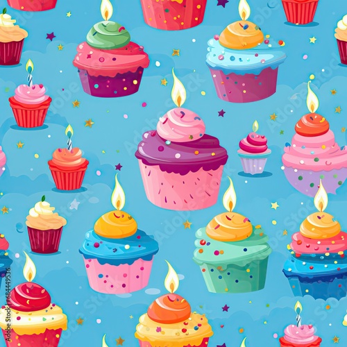 seamless pattern with birthday cakes and cupcakes with cream and candles on blue background