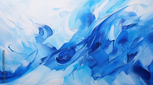 An abstract painting with strokes of various blue shades, giving a sense of movement and fluidity.