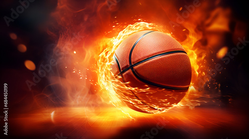 Chaos Unleashed: The Explosive Energy of a Basketball as it Soars Through a Hoop Ablaze, The Thrilling Tale of a Basketball's Chaotic Journey to Victory Through the Hoop generative AI © Safia