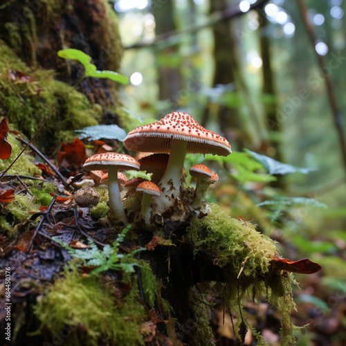 Wild mushrooms growing in the lush rainforest on Vancouver Island