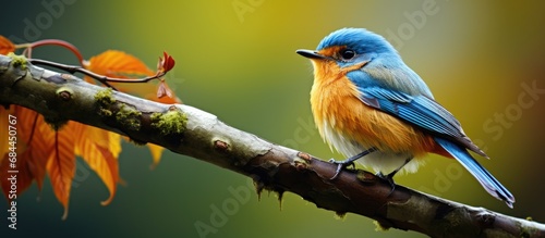 In the lush garden, a beautiful encounter unfolded as a cute hill blue flycatcher perched on a small branch, its vibrant orange feathers and beak glistening under the warm sunlight; a testament to the