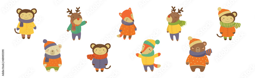 Fototapeta premium Funny Animal Wearing Warm Clothes and Scarf Vector Set