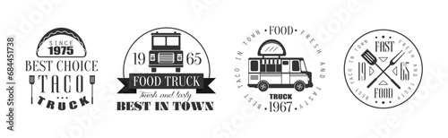 Food Truck Logo and Label Design with Text Vector Set