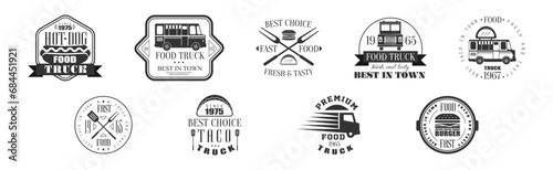 Food Truck Logo and Label Design with Text Vector Set