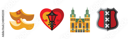 Netherlands Travel Symbols and Dutch Landmarks Flat Vector Set