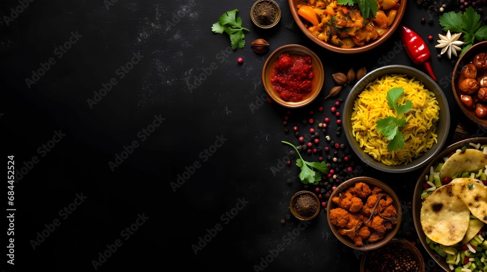 assorted indian food on a black background copy space.