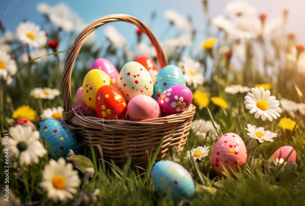 Vibrant and colorful painted Easter eggs in a wicker basket on a sunny day in a field with wildflowers
