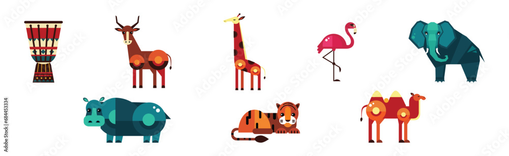 African Fauna and Safari Geometric Design Animal Vector Set