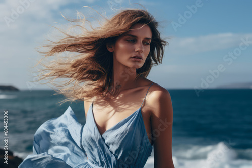 Elegant young woman standing by the seaside with the hair blown by the wind