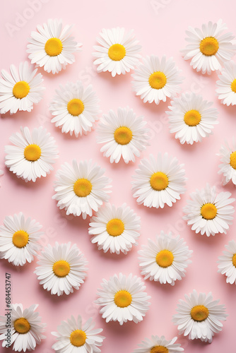 White chamomile daisy flowers on a pale pink background, Minimal floral background, Lifestyle, spring, summer concept. Generative AI